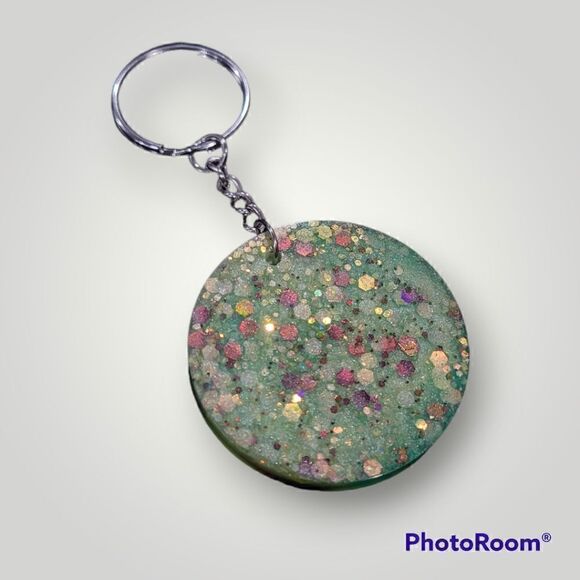 Cloudy June Green Glitter Circle Keychain (Z160) - Picture 7 of 8